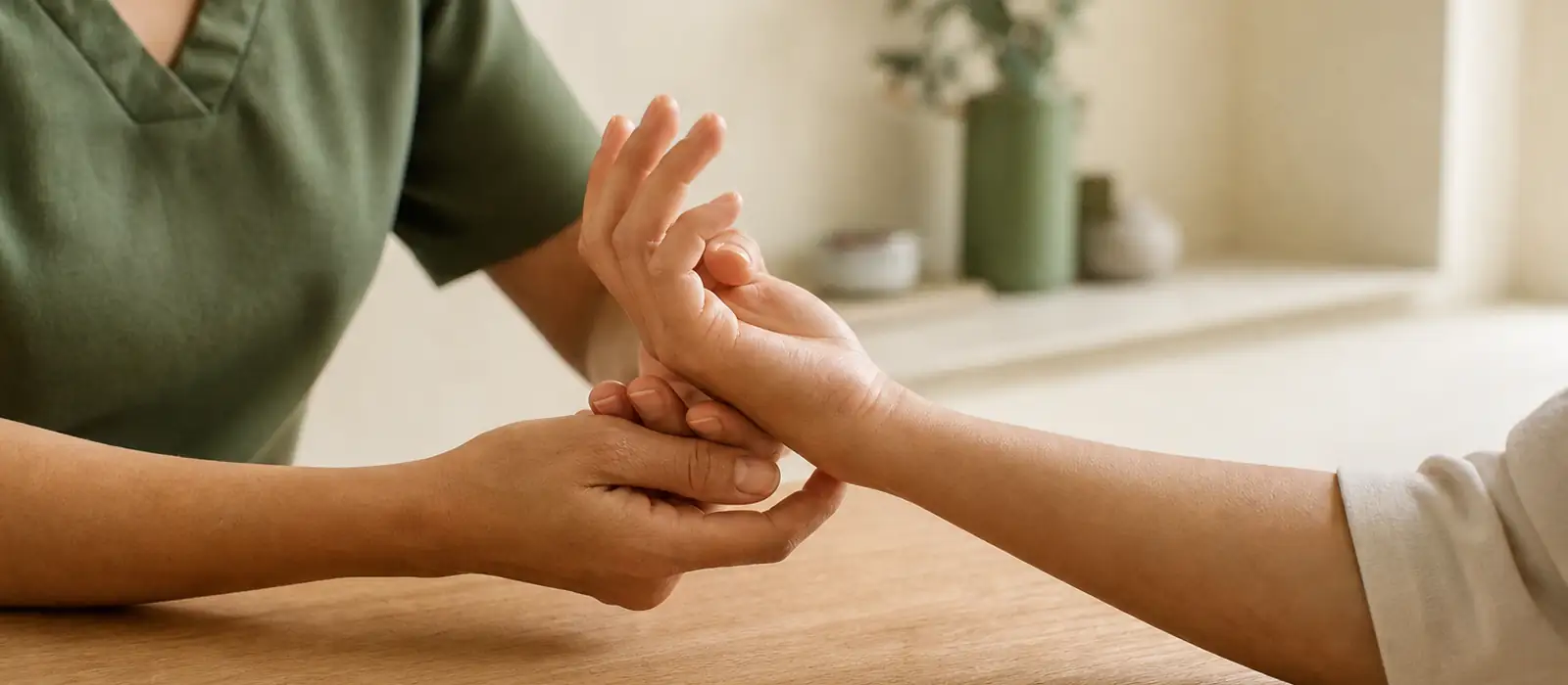 A physiotherapist gently guiding a patient's hand and wrist through a slow movement at a table
