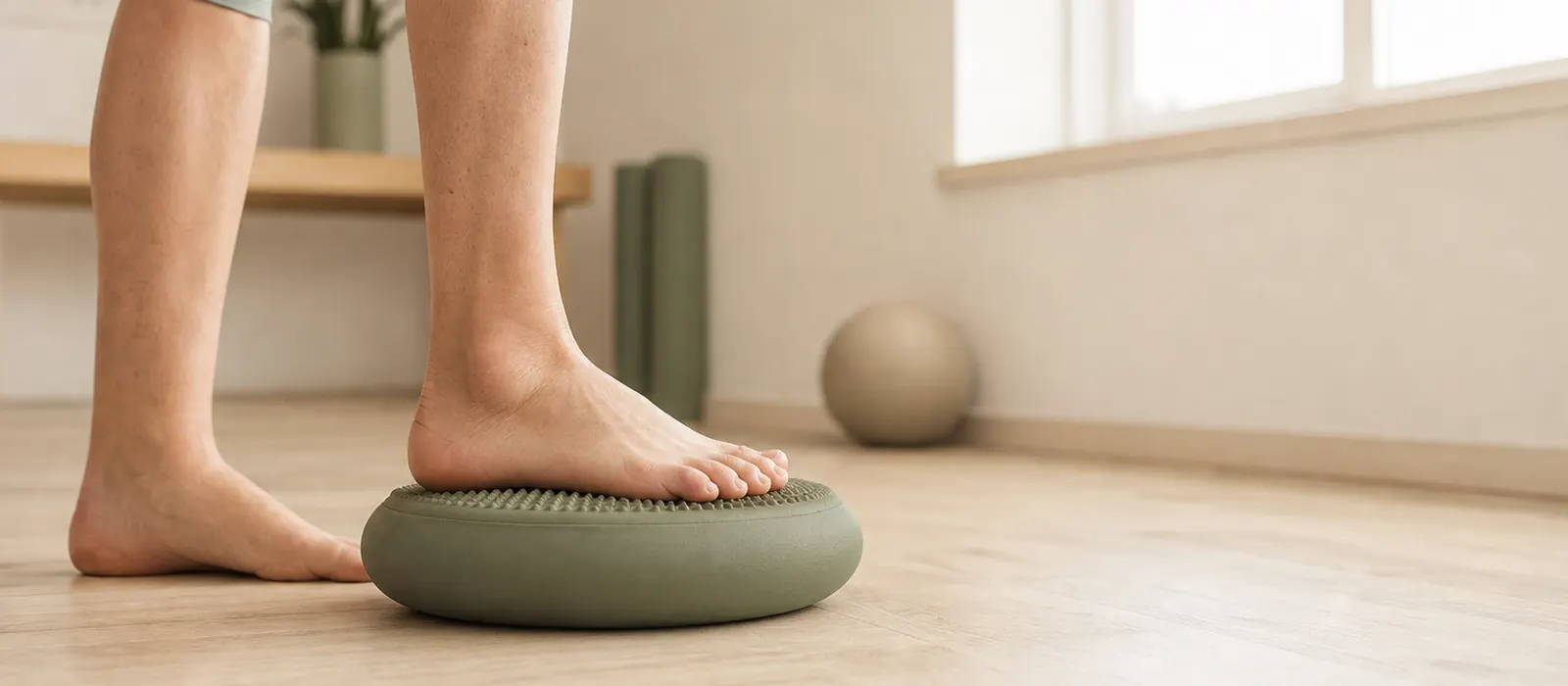 A bare foot balancing on a soft balance cushion on a wooden floor in a bright studio