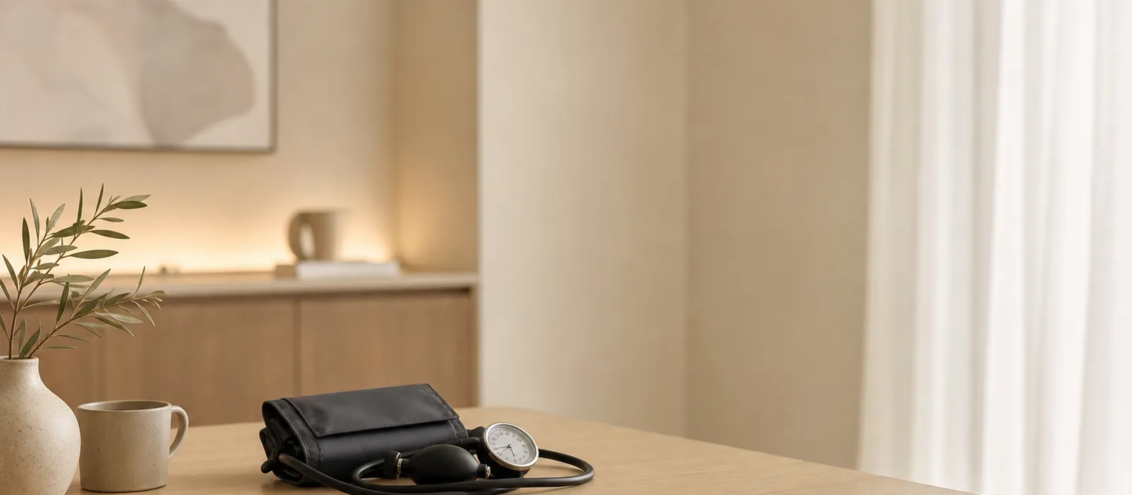 A consultation room detail: a blood pressure cuff and a closed notebook on a pale oak desk