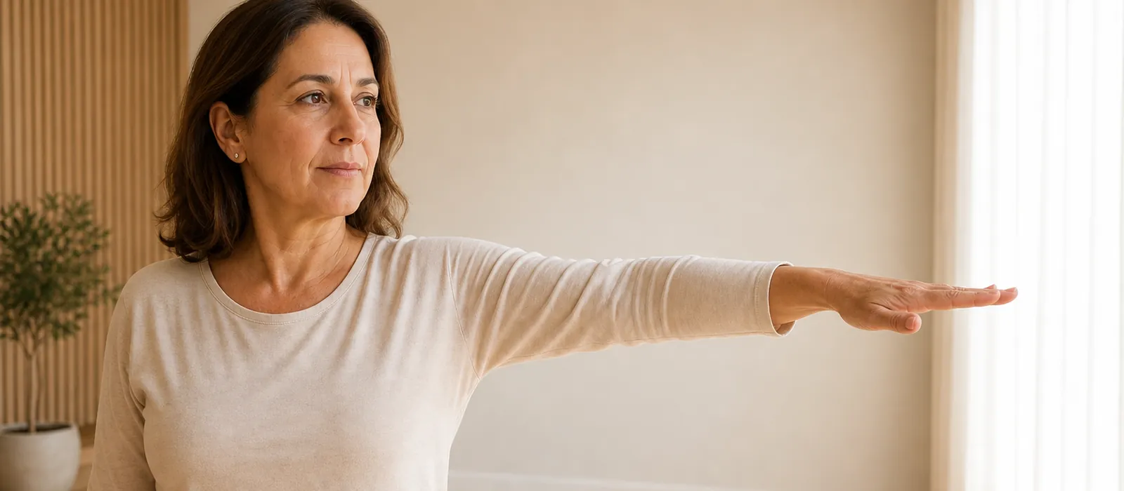 A woman slowly raising one arm sideways to test her shoulder range of movement in a naturally lit room