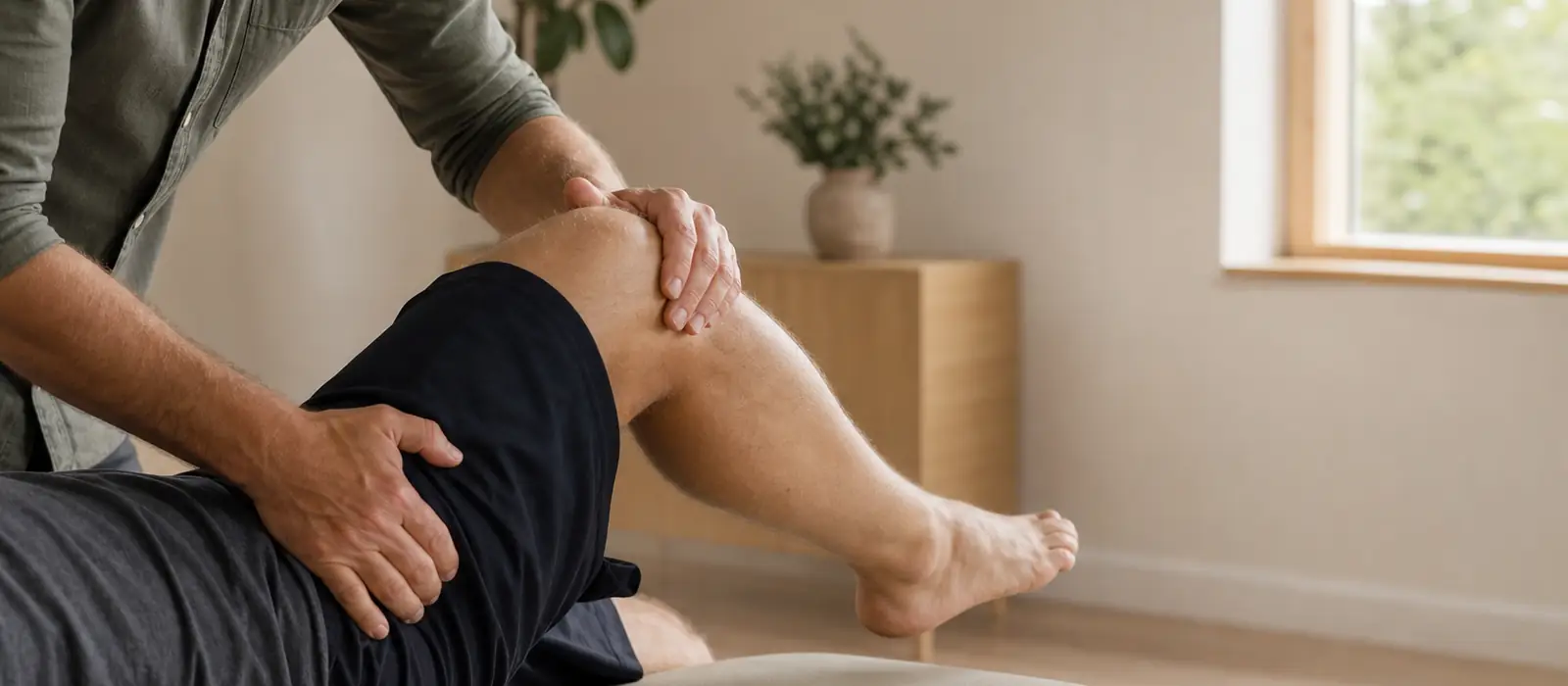 A clinician's hands guiding a patient's leg through a hip movement on a treatment couch in a naturally lit room