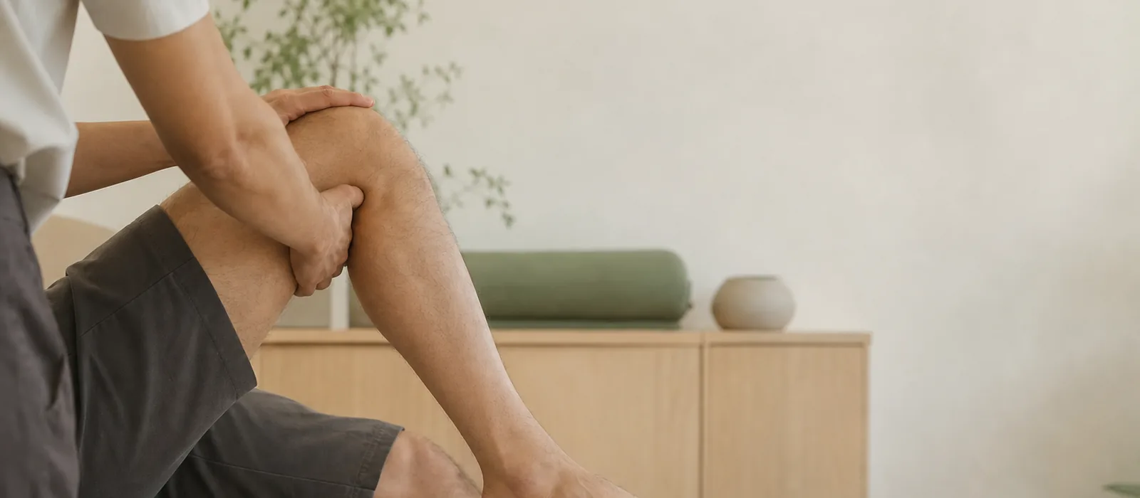 A seated patient holding the side of one knee while a clinician assesses it, in soft daylight