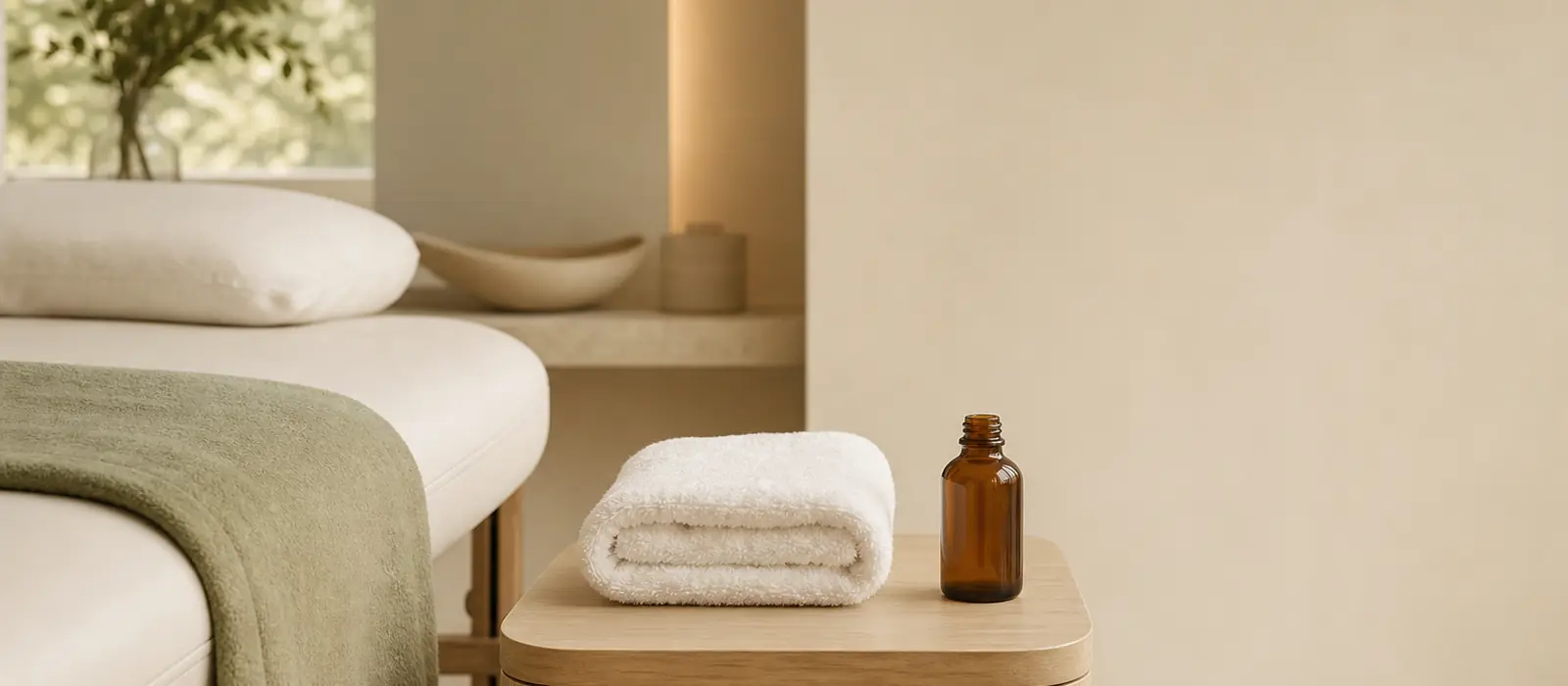 A calm treatment room detail: a folded white towel and a small amber bottle on a pale oak cabinet
