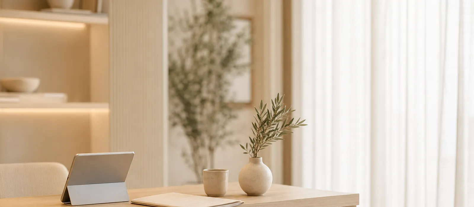 A calm clinic reception counter with a tablet and documents in soft daylight