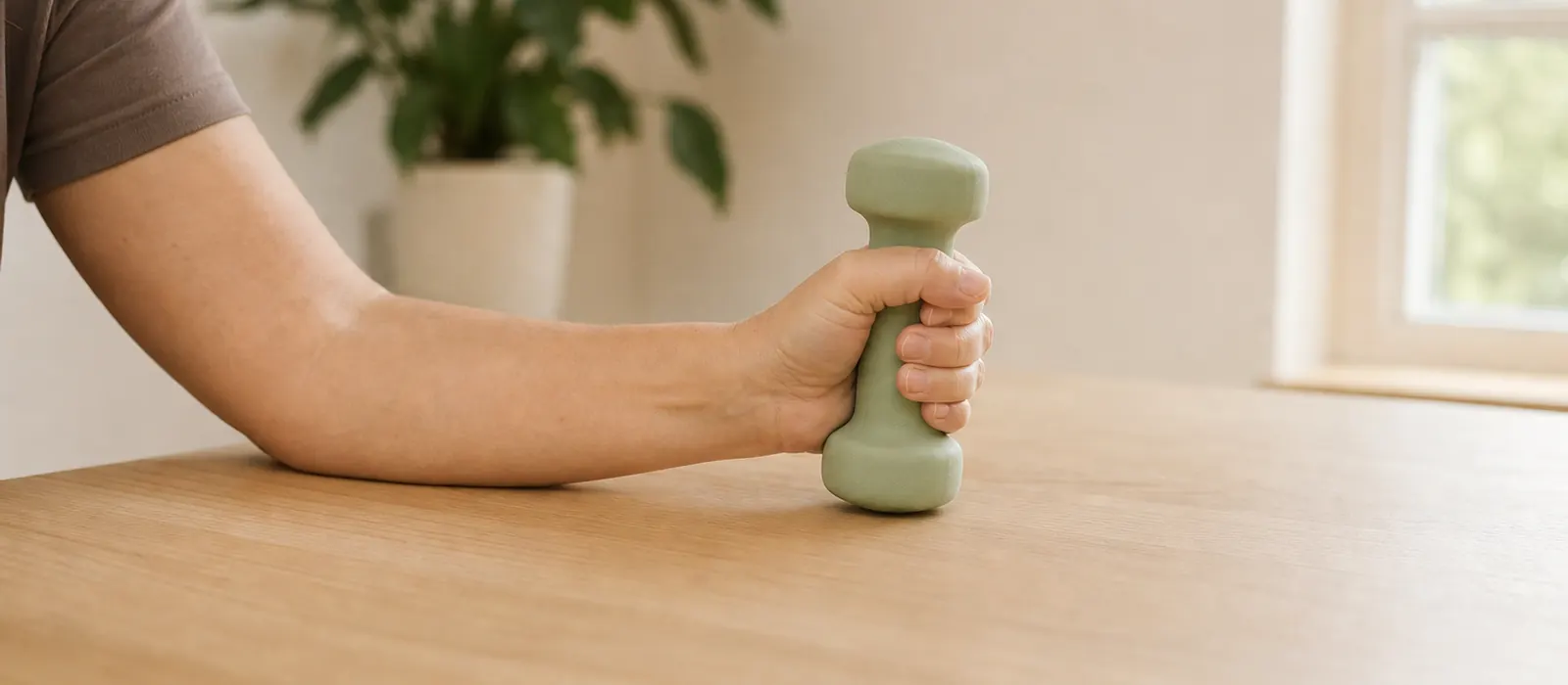 A forearm resting on a pale oak table, hand holding a small weight in a controlled wrist exercise