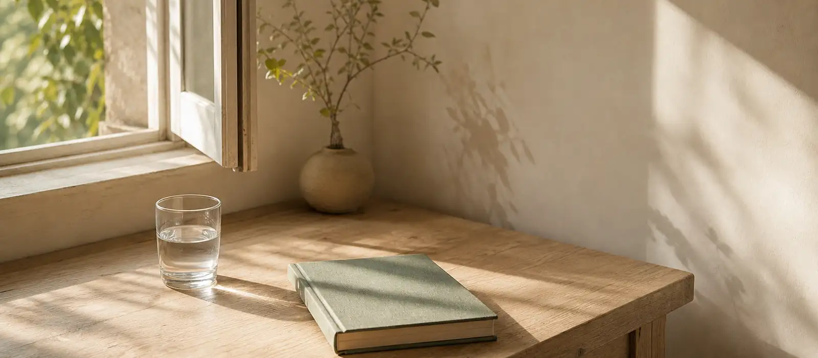 Early morning sunlight falling across a pale oak table beside an open window, with a glass of water and a notebook